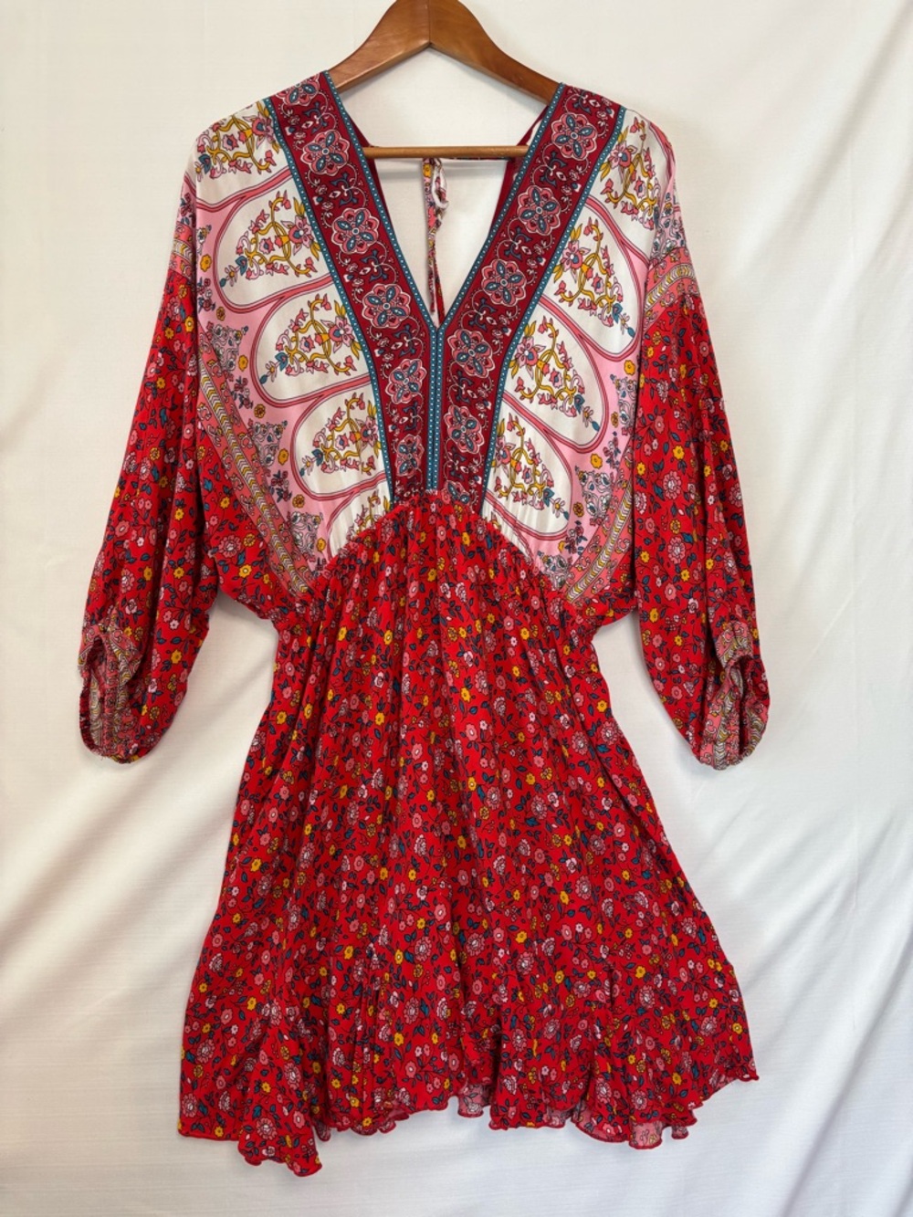 Umgee Red Floral Boho V-Neck Dress